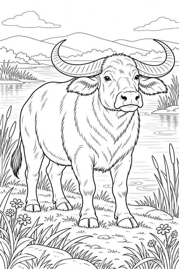 Detailed black-and-white LV3 coloring page of a water buffalo in wetlands for children ages 7–9, free to print on A4 paper.