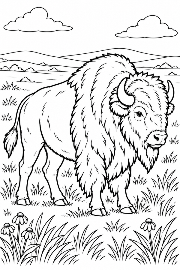 Detailed black-and-white LV3 coloring page of a bison in a prairie landscape for children ages 7–9, free to print on A4 paper.