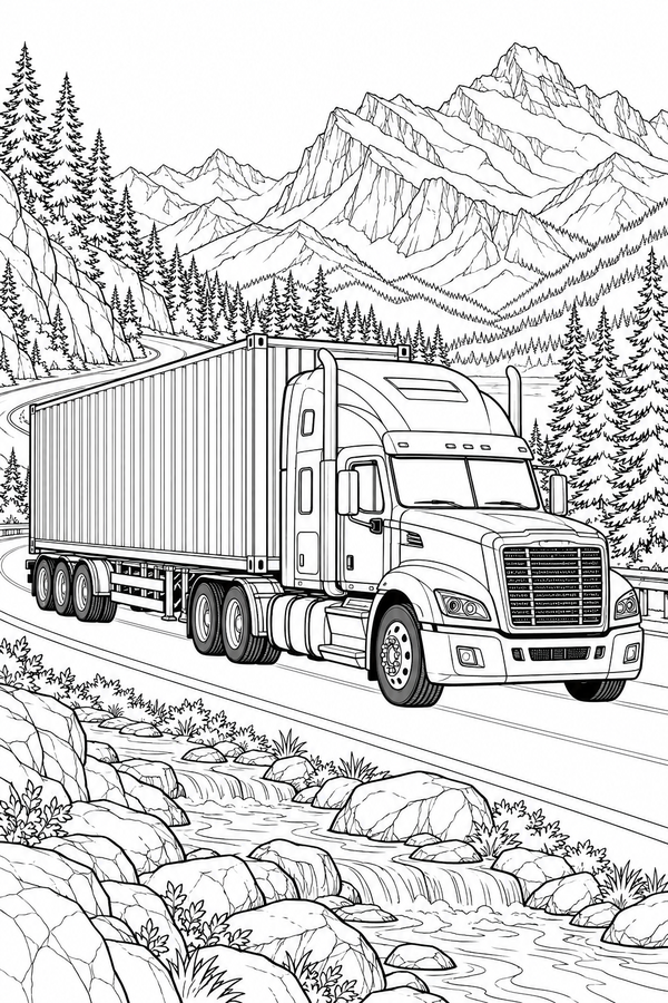 Detailed black-and-white LV3 coloring page of a container truck in the Canadian Rockies for children ages 7–9, free to print on A4 paper.