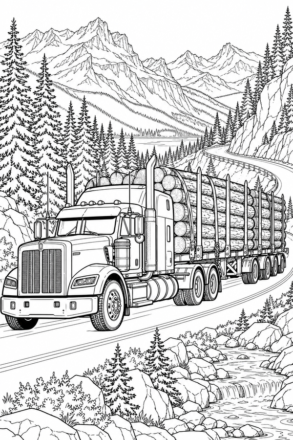 Detailed black-and-white LV3 coloring page of a logging truck in the Canadian Rockies for children ages 7–9, free to print on A4 paper.