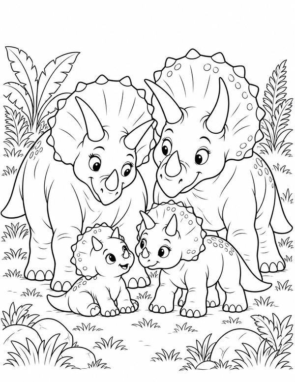 Detailed black-and-white LV3 coloring page of a triceratops family with parents and young for children ages 7–9, free to print on A4 paper.