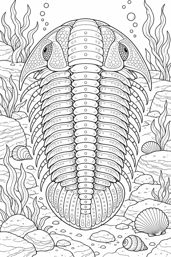 Detailed black-and-white LV3 coloring page of a trilobite among ancient sea plants for children ages 7–9, free to print on A4 paper.