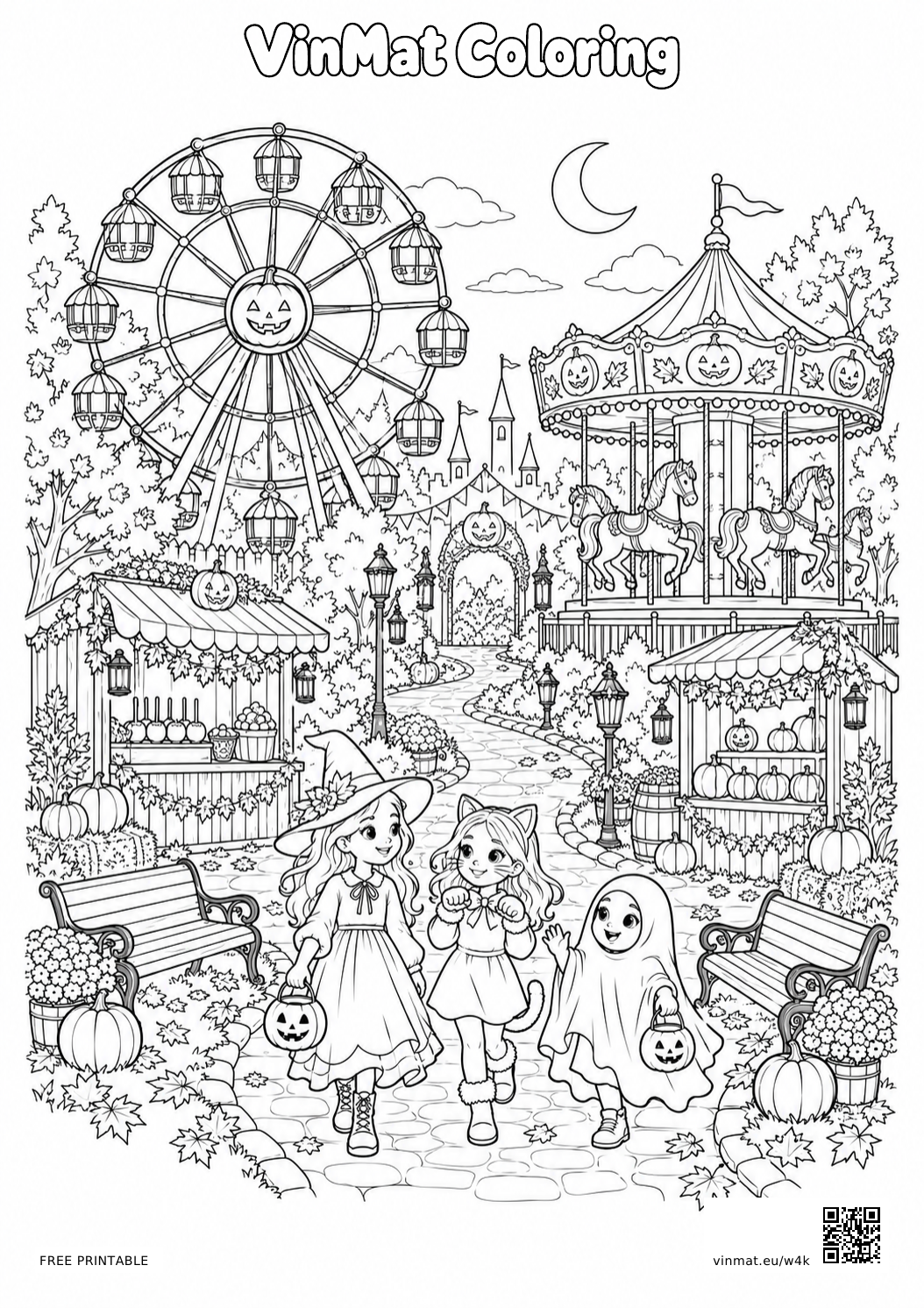 Halloween Amusement Park: black-and-white LV4 coloring page for ages 10+, free to print on A4 paper.