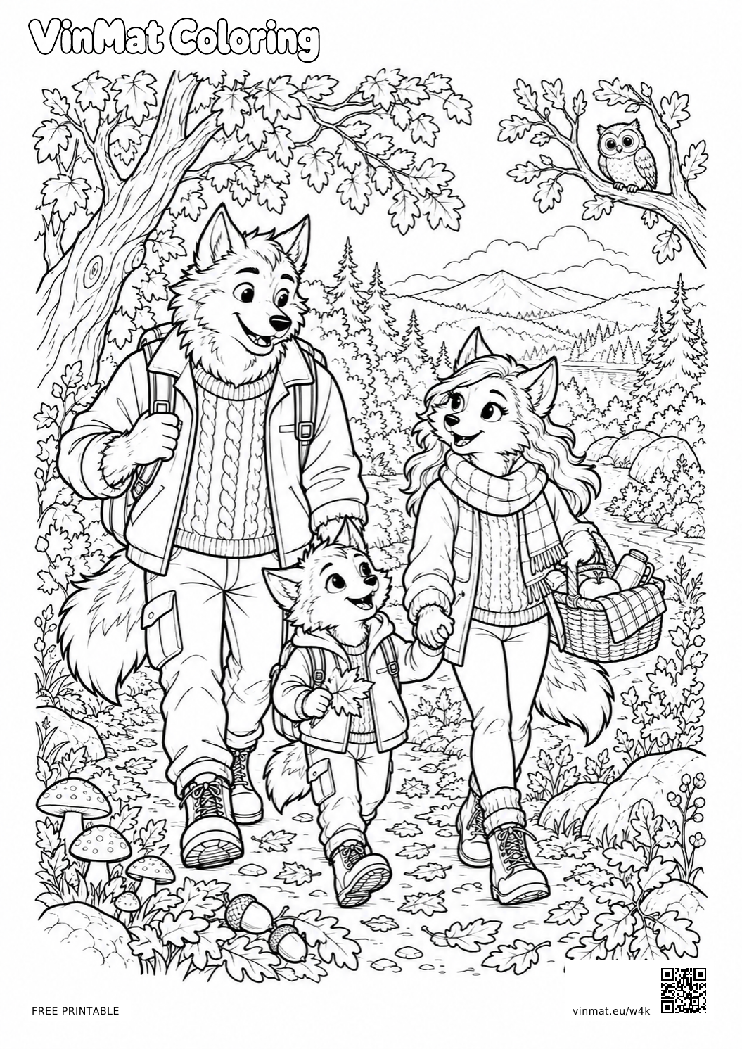Friendly Werewolf Family in an Autumn Woodland: black-and-white LV4 coloring page for ages 10+, free to print on A4 paper.