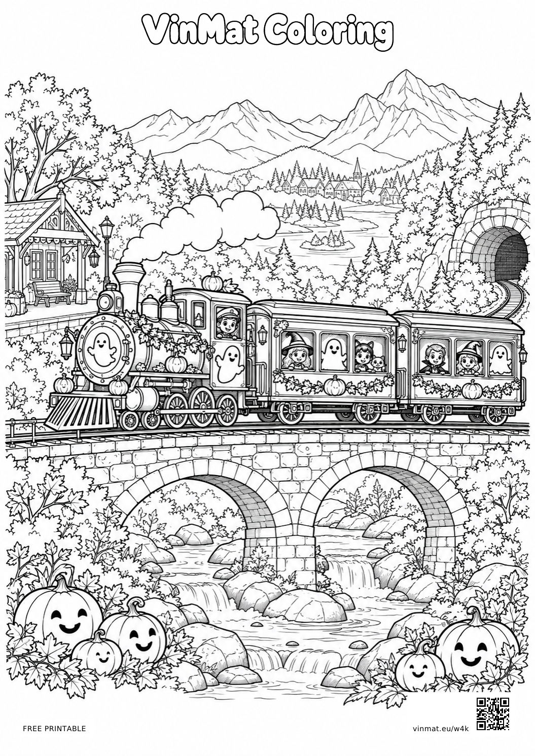 Halloween Train in a Mountain Valley: black-and-white LV4 coloring page for ages 10+, free to print on A4 paper.