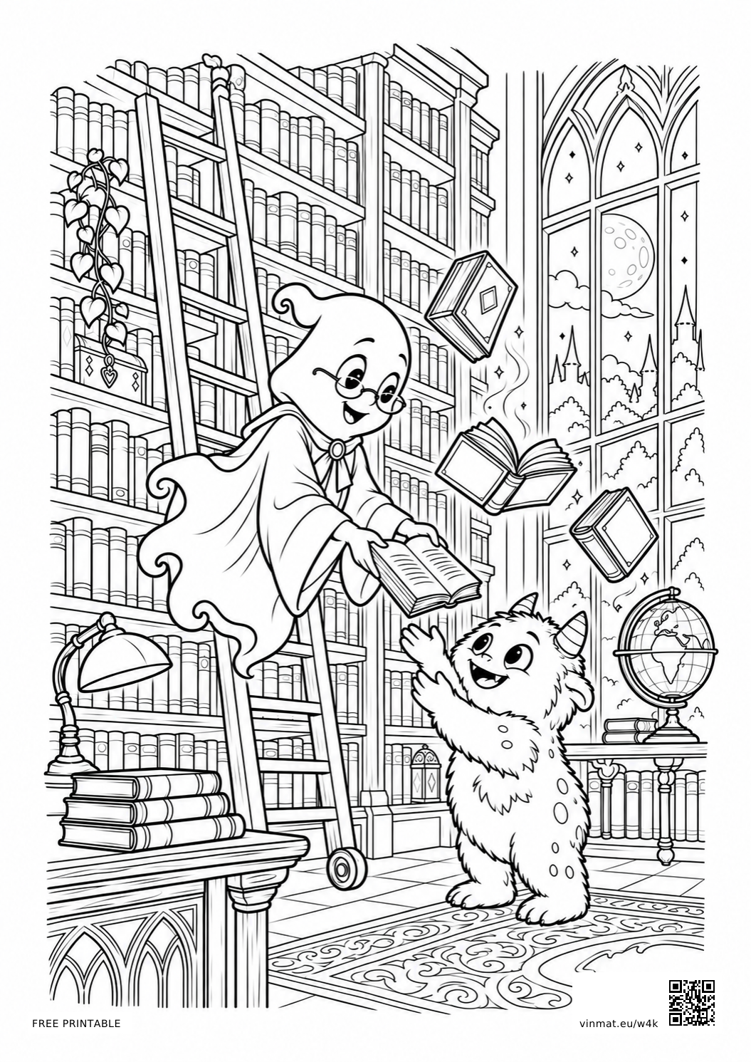 Ghosts in a Haunted Library: black-and-white LV4 coloring page for ages 10+, free to print on A4 paper.