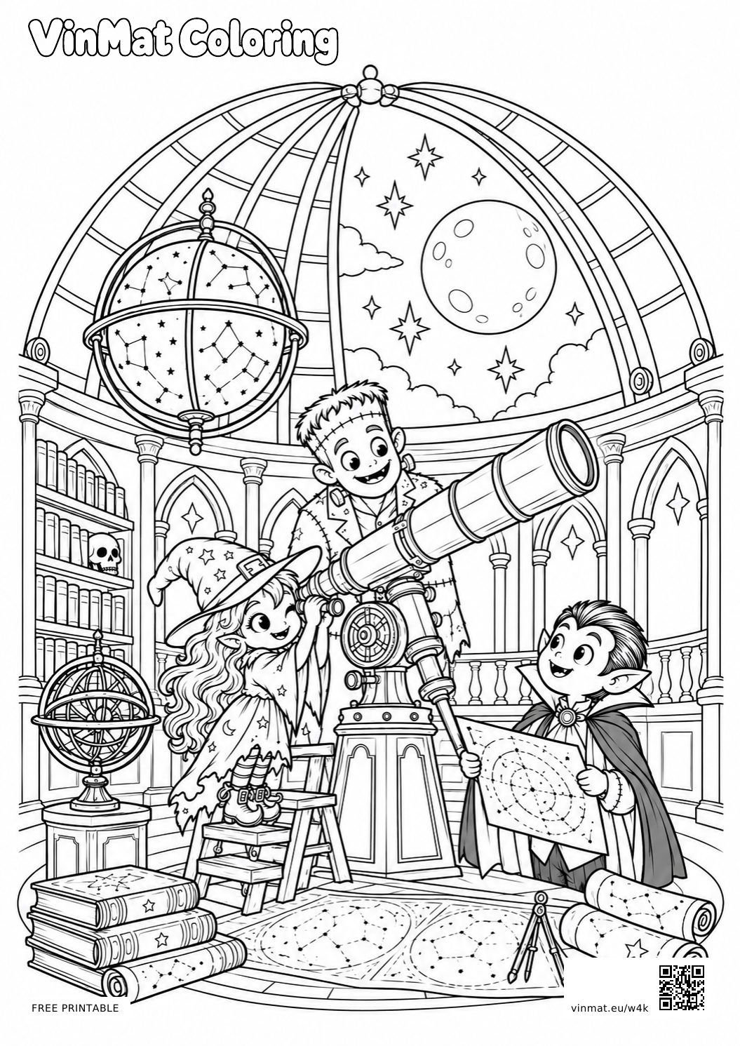 Friendly Monsters in a Moonlit Observatory: black-and-white LV4 coloring page for ages 10+, free to print on A4 paper.
