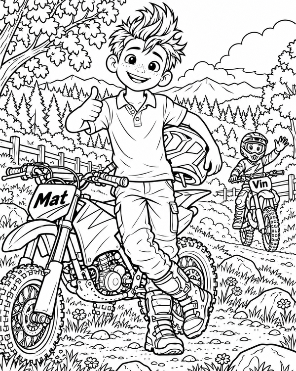 Detailed black-and-white LV4 coloring page of children riding dirt bikes on a woodland trail for ages 10–12, free to print on A4 paper.