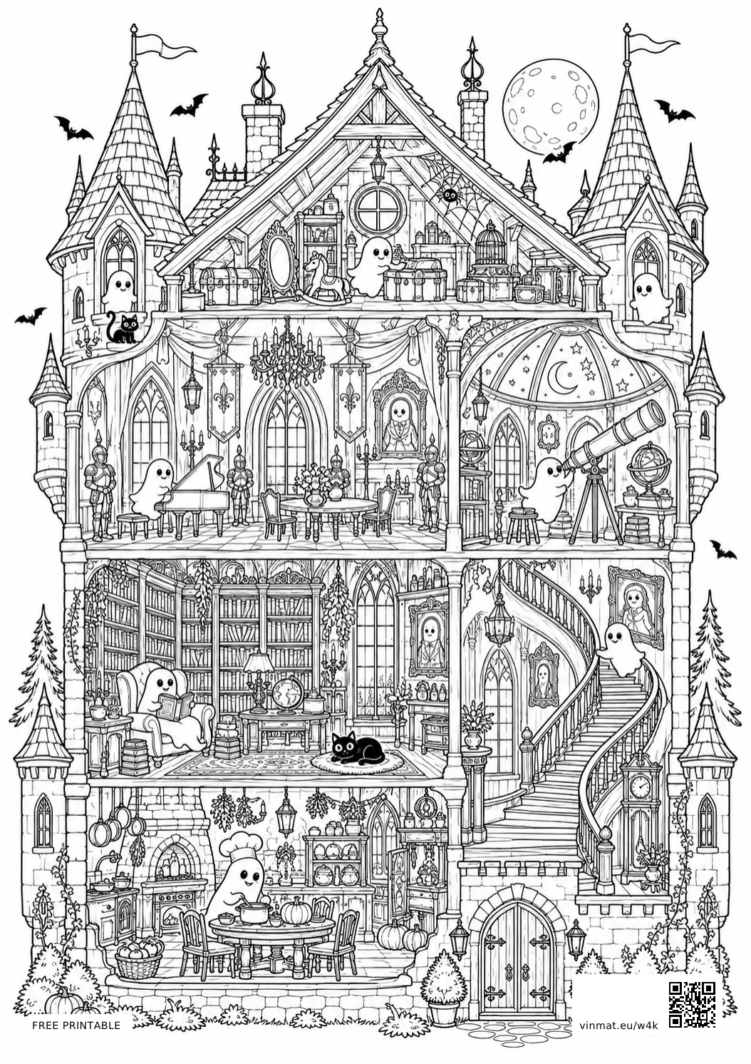 Old Castle Cutaway with Halloween Scenes: detailed LV5 coloring page for adults, free to print on A4 paper.