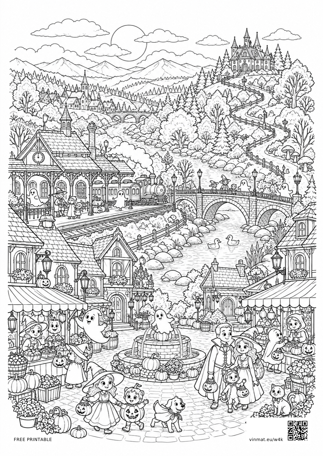 Panoramic Halloween Valley: detailed LV5 coloring page for adults, free to print on A4 paper.