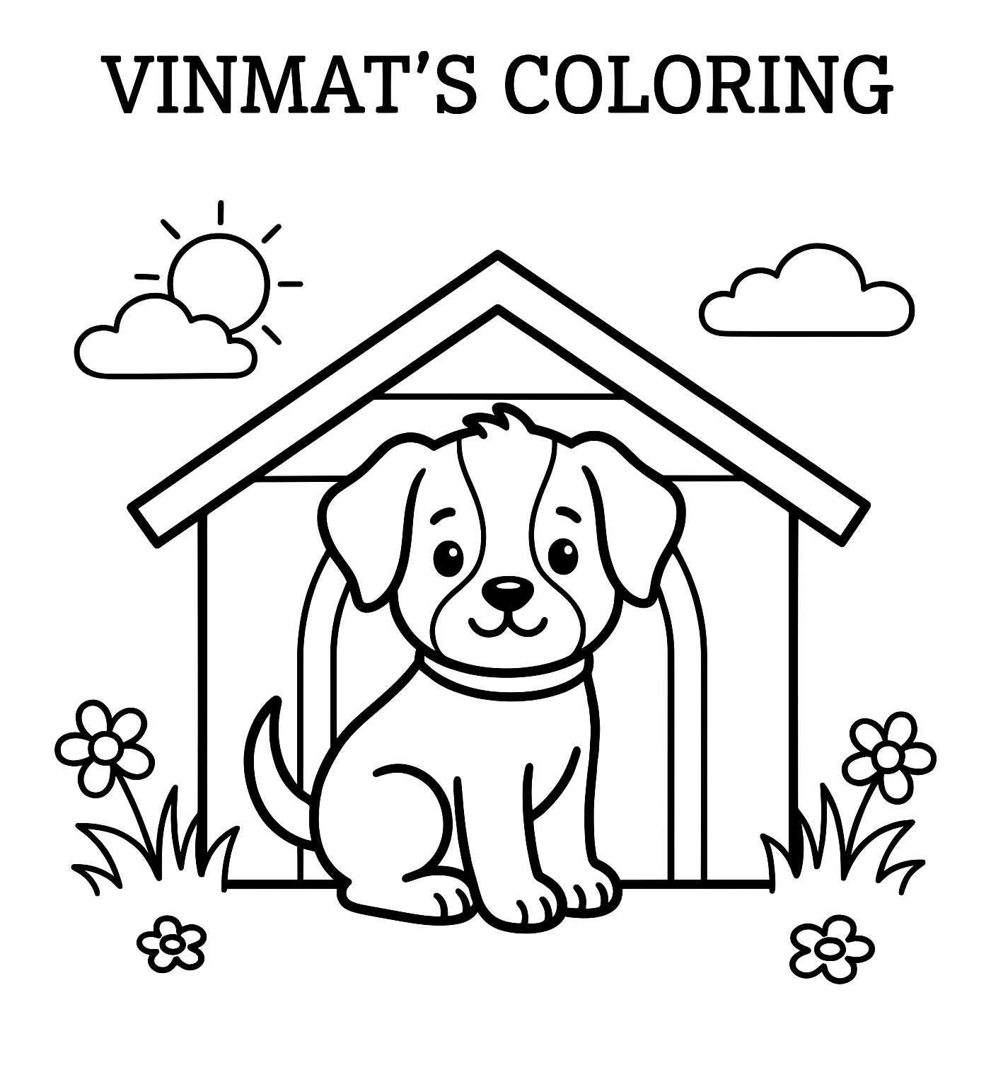 Simple black and white children's coloring page with a dog in front of the doghouse for kids (toddlers and preschoolers) aged 3–4 years old free to print