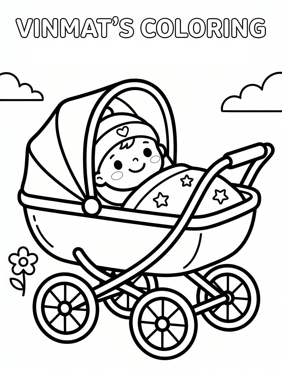 Simple black and white children's coloring page with a baby in a stroller for kids (toddlers and preschoolers) aged 3–4 years old free to print