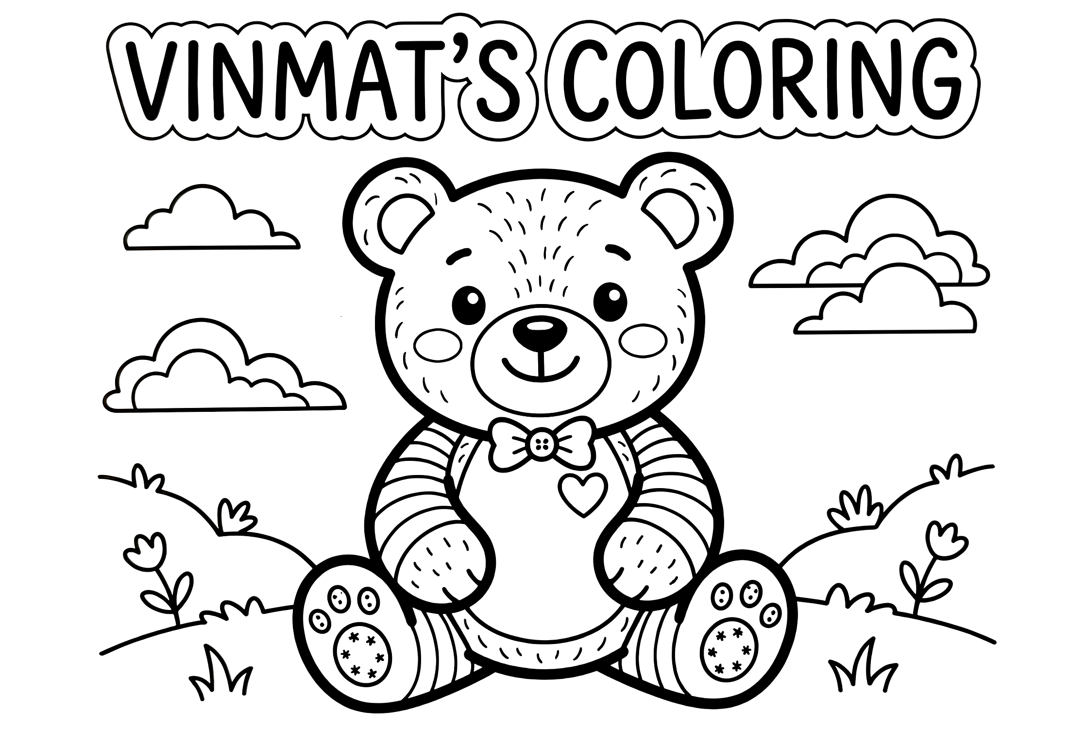 Simple black and white children's coloring page with a teddy bear for kids (preschoolers) aged 5–6 years old free to print