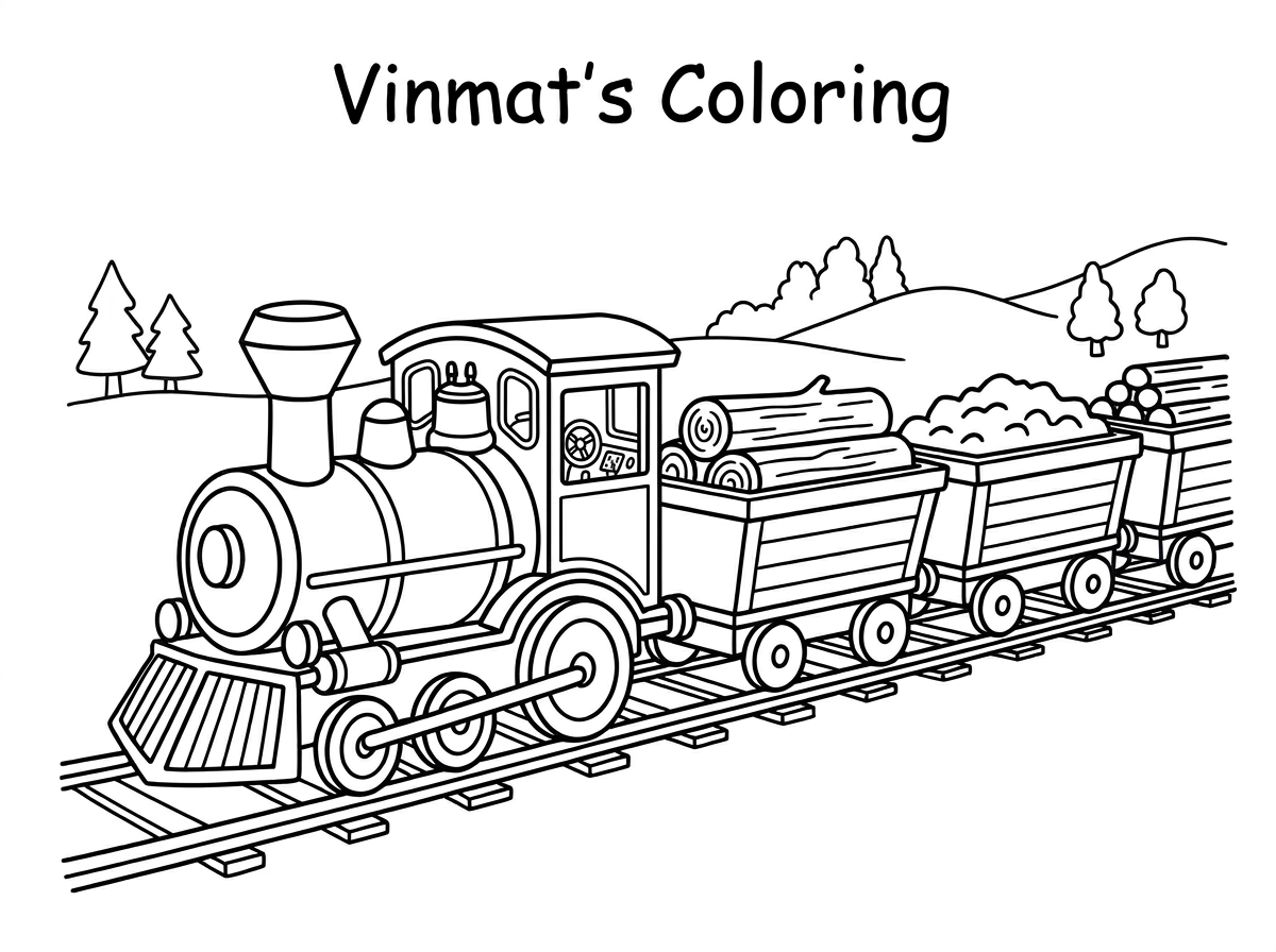 Simple black and white children's coloring page of a cargo train with a steam engine and wagons loaded with wood and coal for kids (preschoolers) aged 5–6 years old free to print