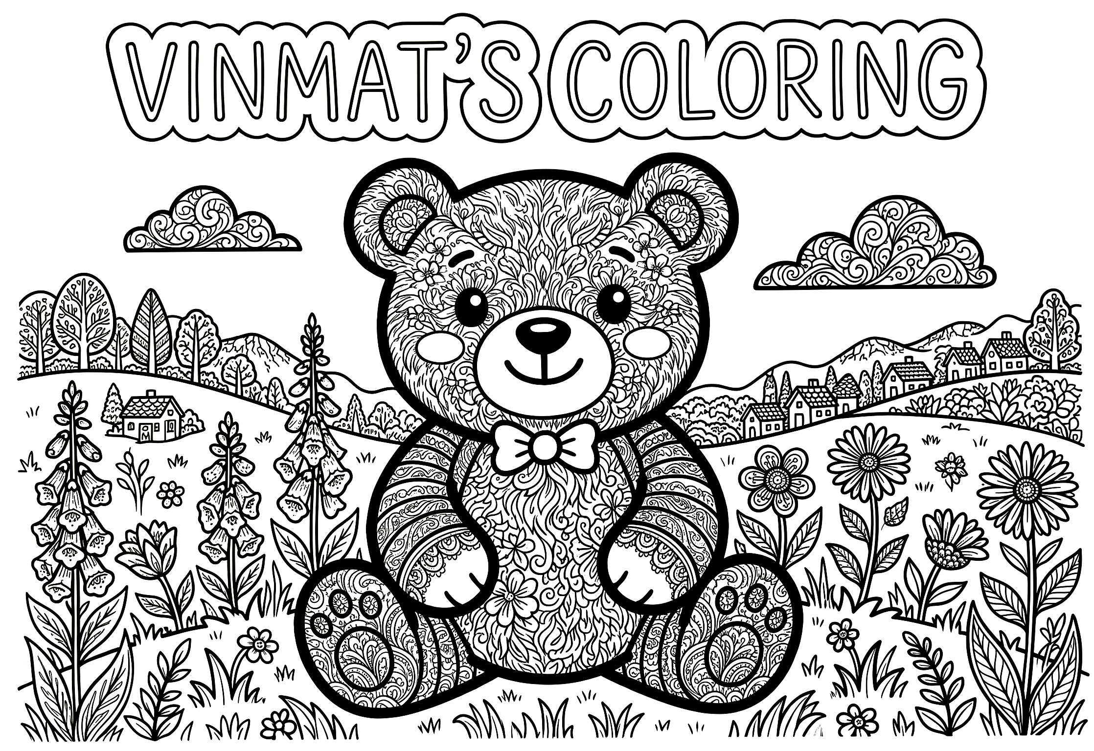 Black and white children's coloring page with a teddy bear for kids (young school kids) aged 7–9 years old free to print