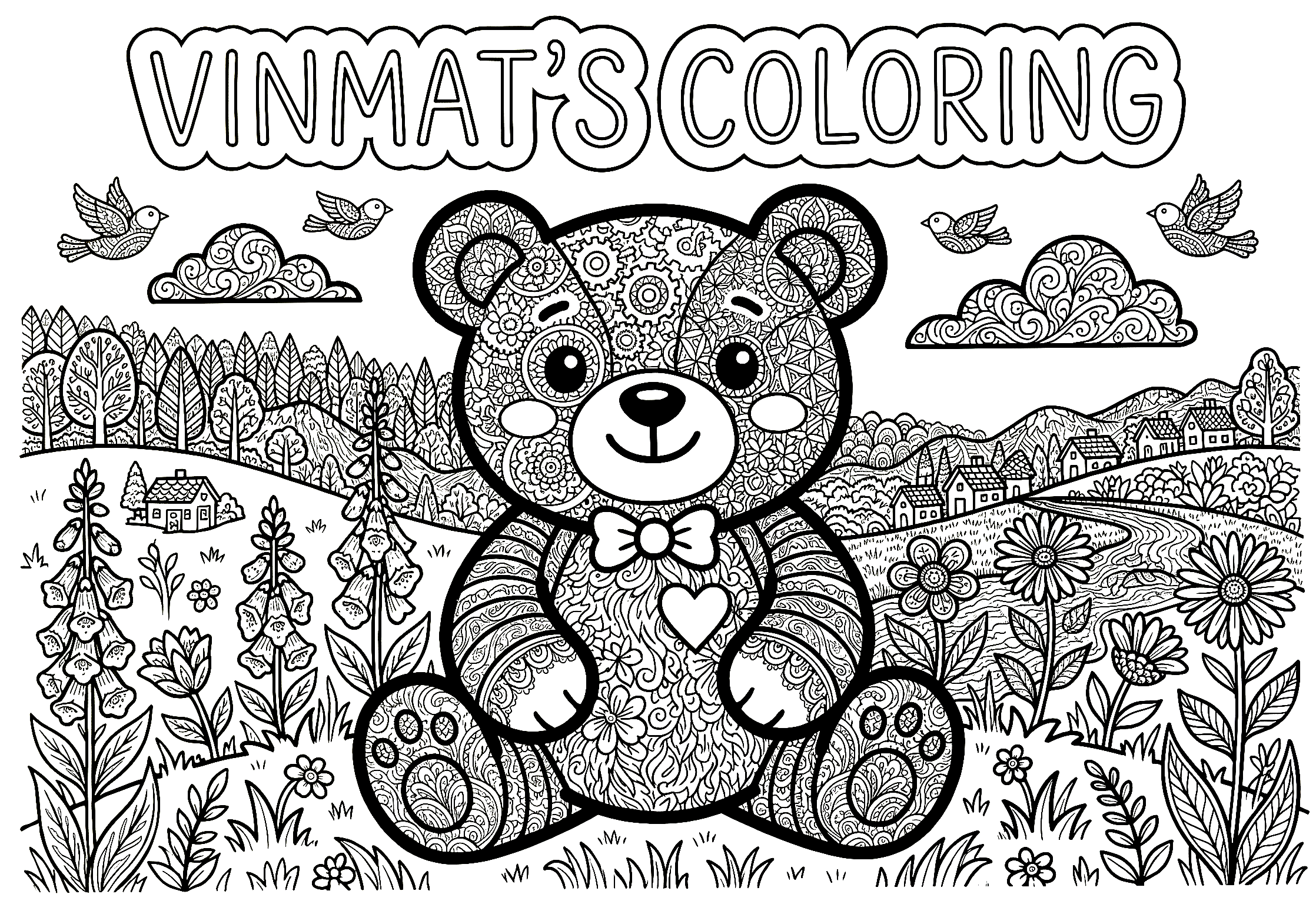 Black and white children's coloring page with a teddy bear for kids (school kids) from 10 years old free to print