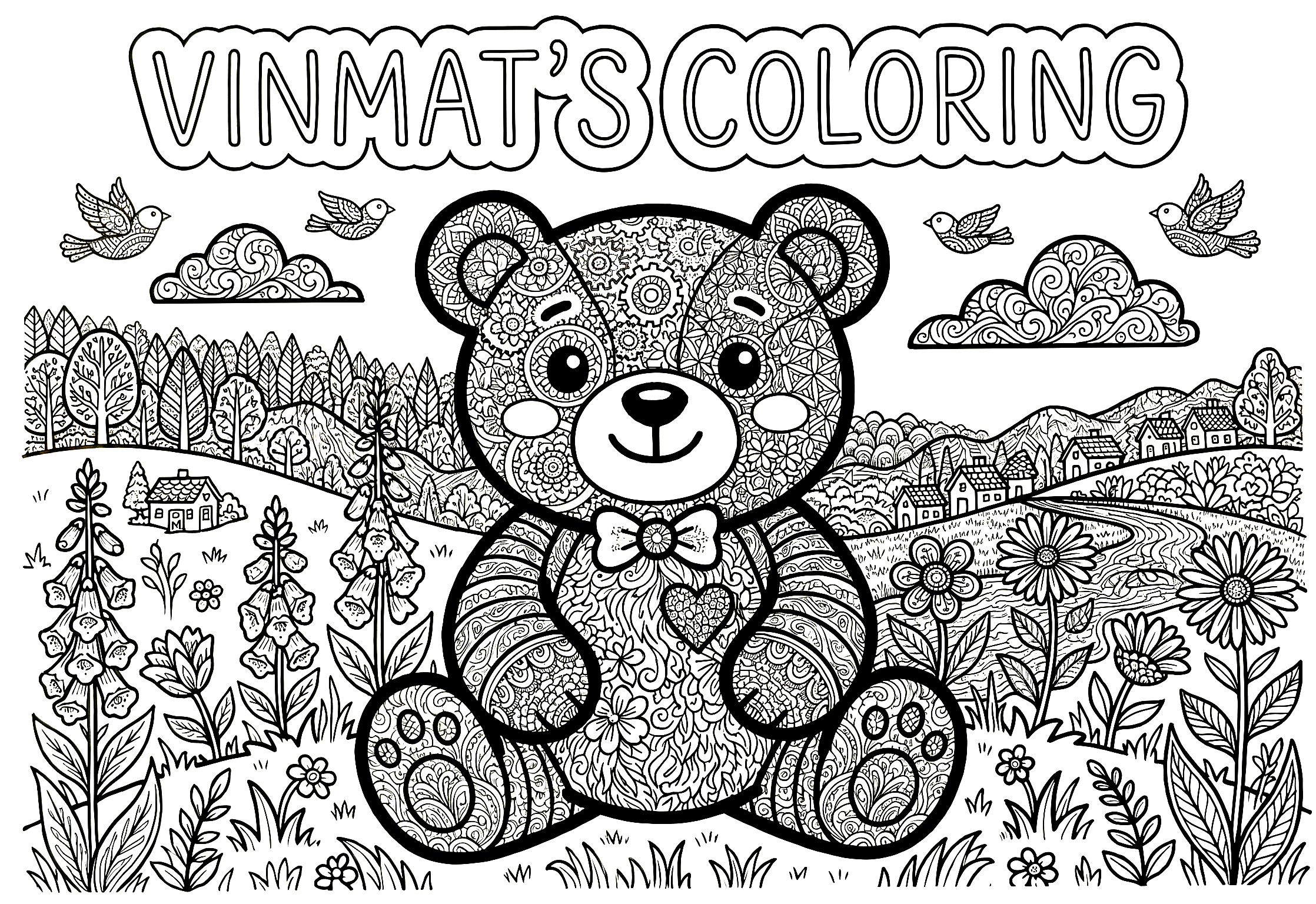 Hard antistress black and white coloring page with a teddy bear for experts and adults free to print