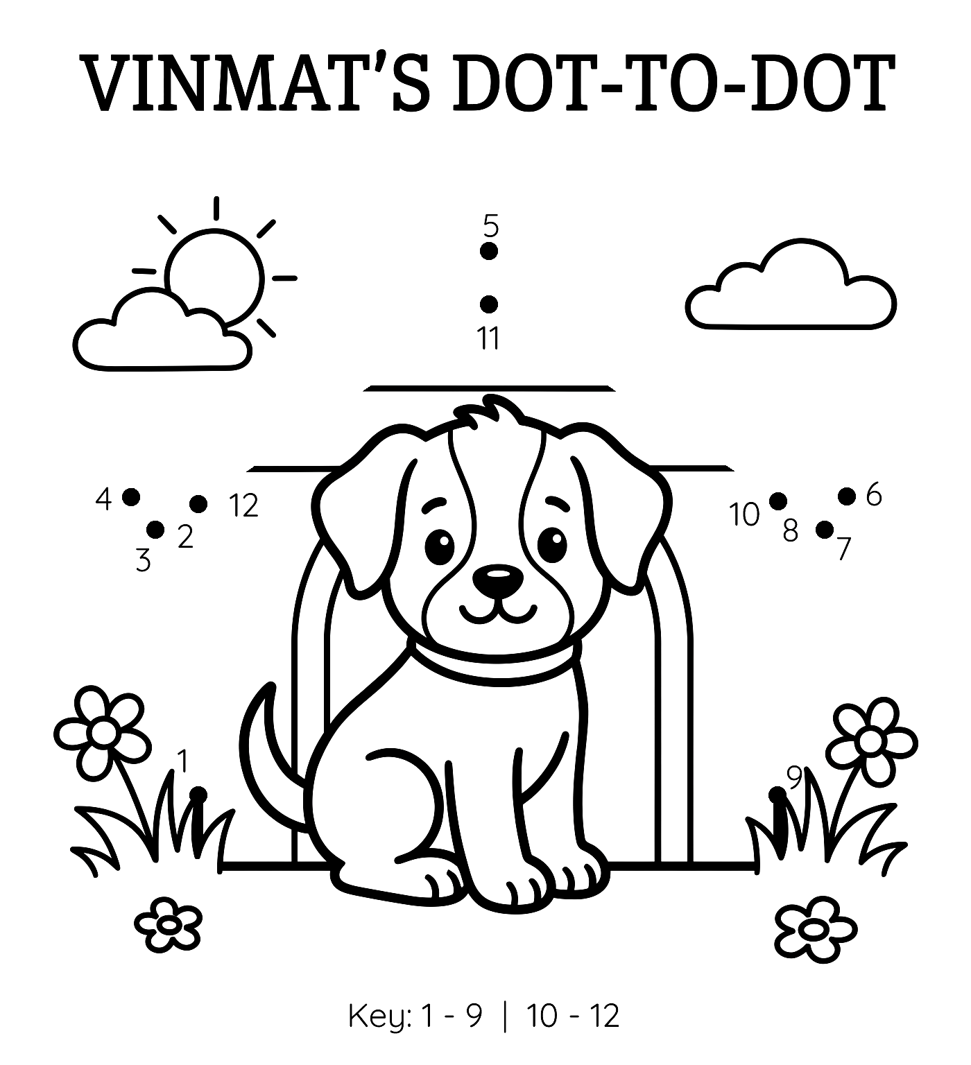 Simple Black and White Dog in Front of the Doghouse Dot-to-Dot and Coloring Page for Toddlers and Kids 3–4 Years Old Free to Print