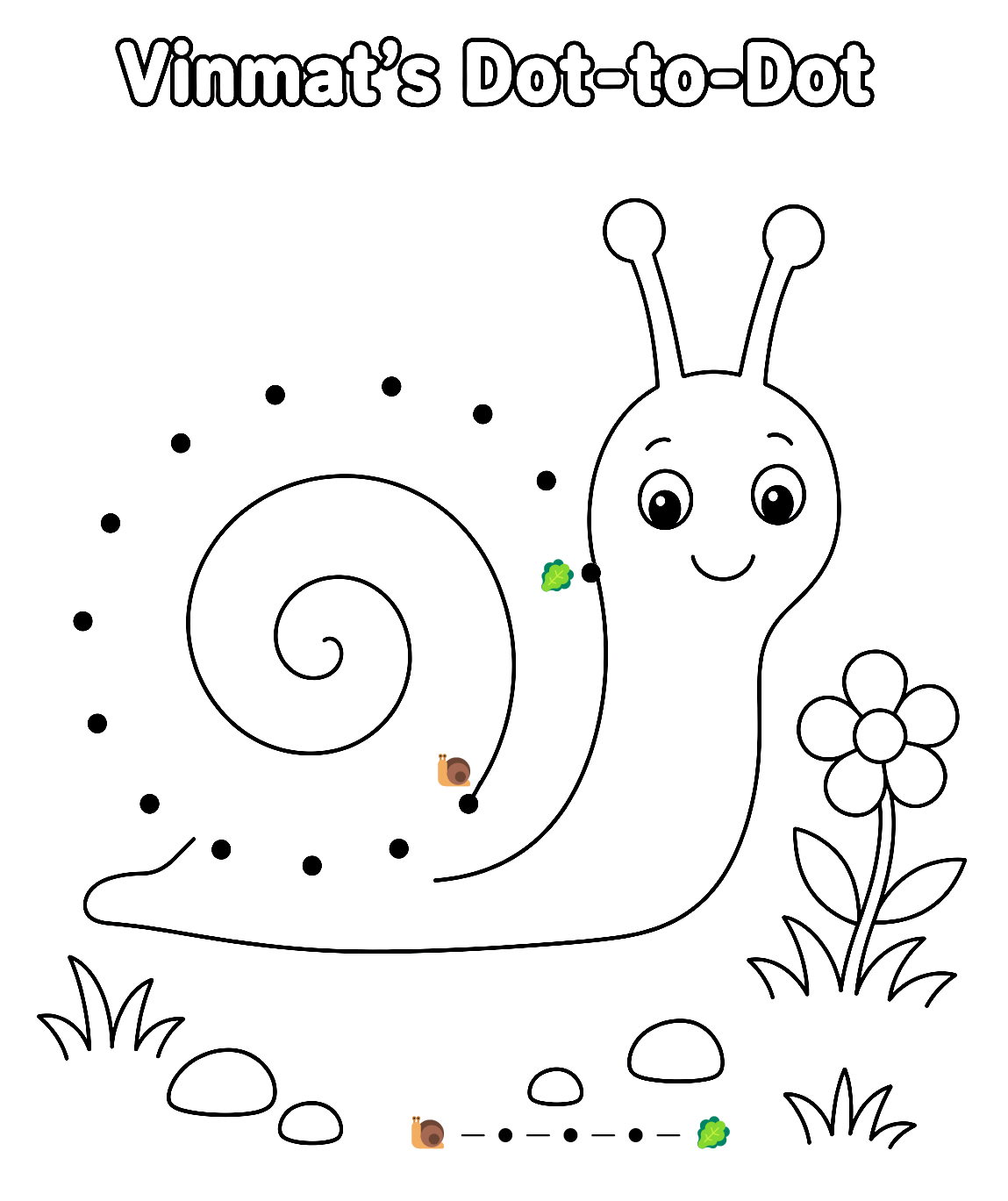 Simple Snail Dot-to-Dot and Coloring Page for Toddlers and Kids Ages 3–4, Free Printable. The worksheet is almost entirely black and white, with only four colorful guide emojis.