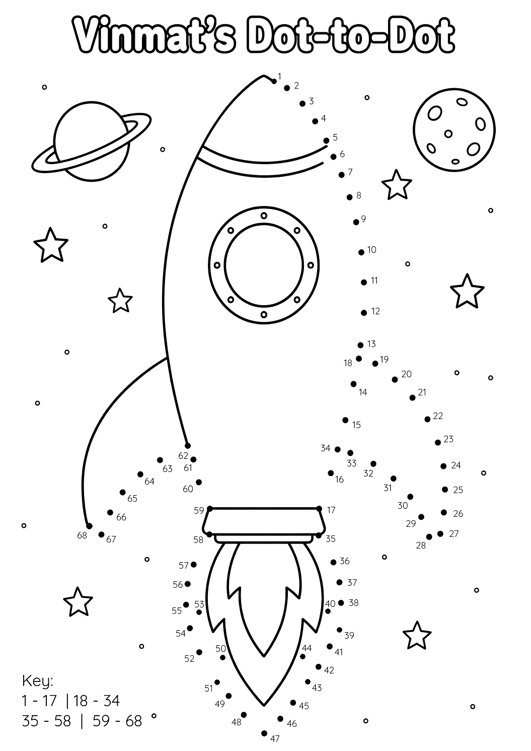 Simple Black and White Space Rocket Dot-to-Dot and Coloring Page for Preschoolers 5–6 Years Old Free to Print